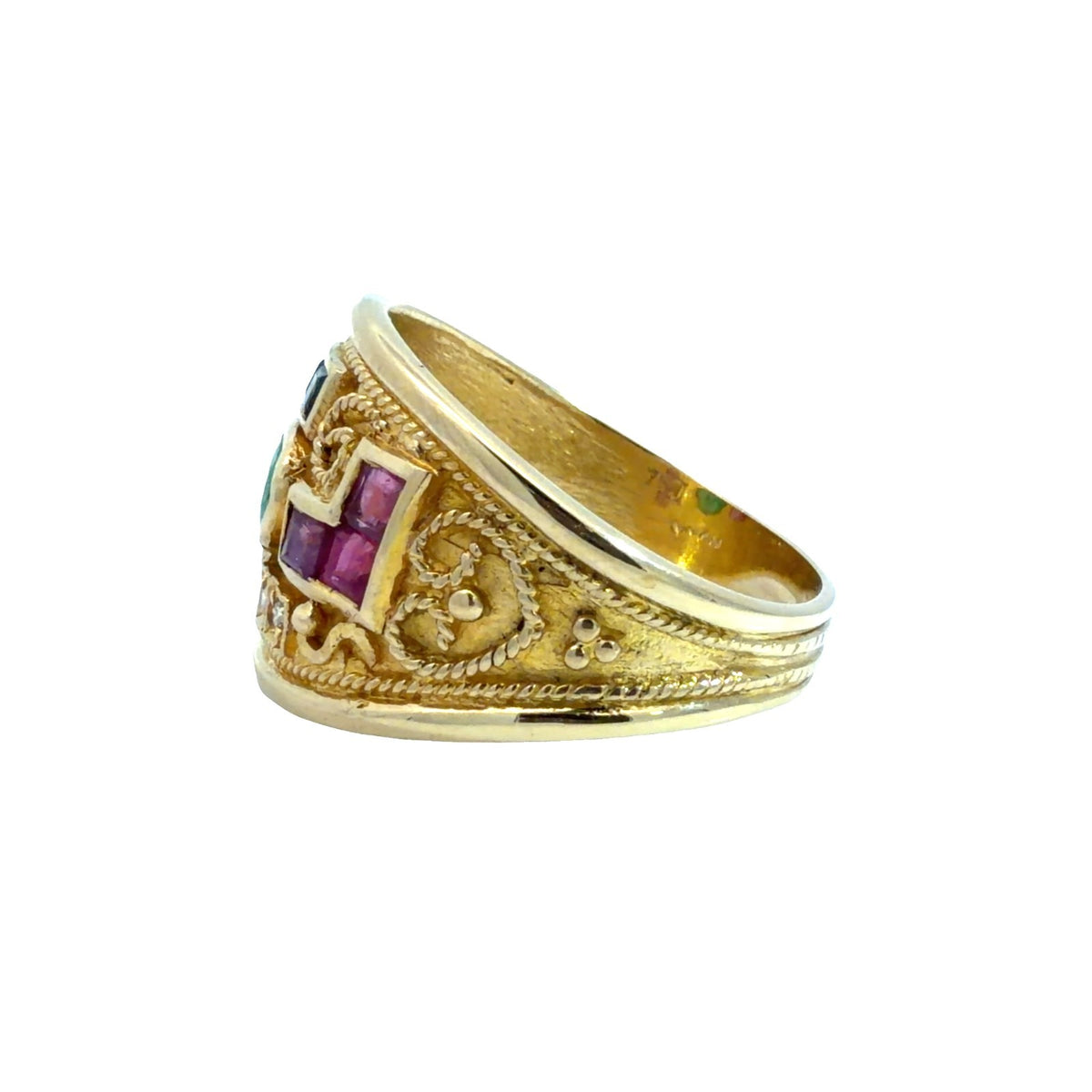 18k Yellow Gold Emerald, Ruby, Sapphire, and Diamond Byzantine Style Ring3
