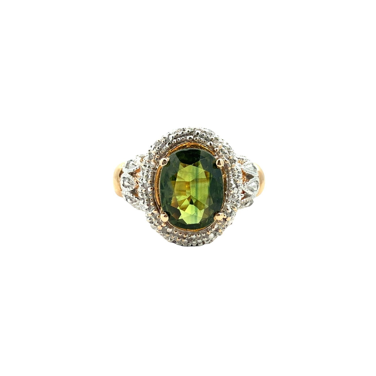 14k Gold Two-Tone 0.17cttw Diamond and 1.90tcw Oval Green Sapphire Cocktail Ring0
