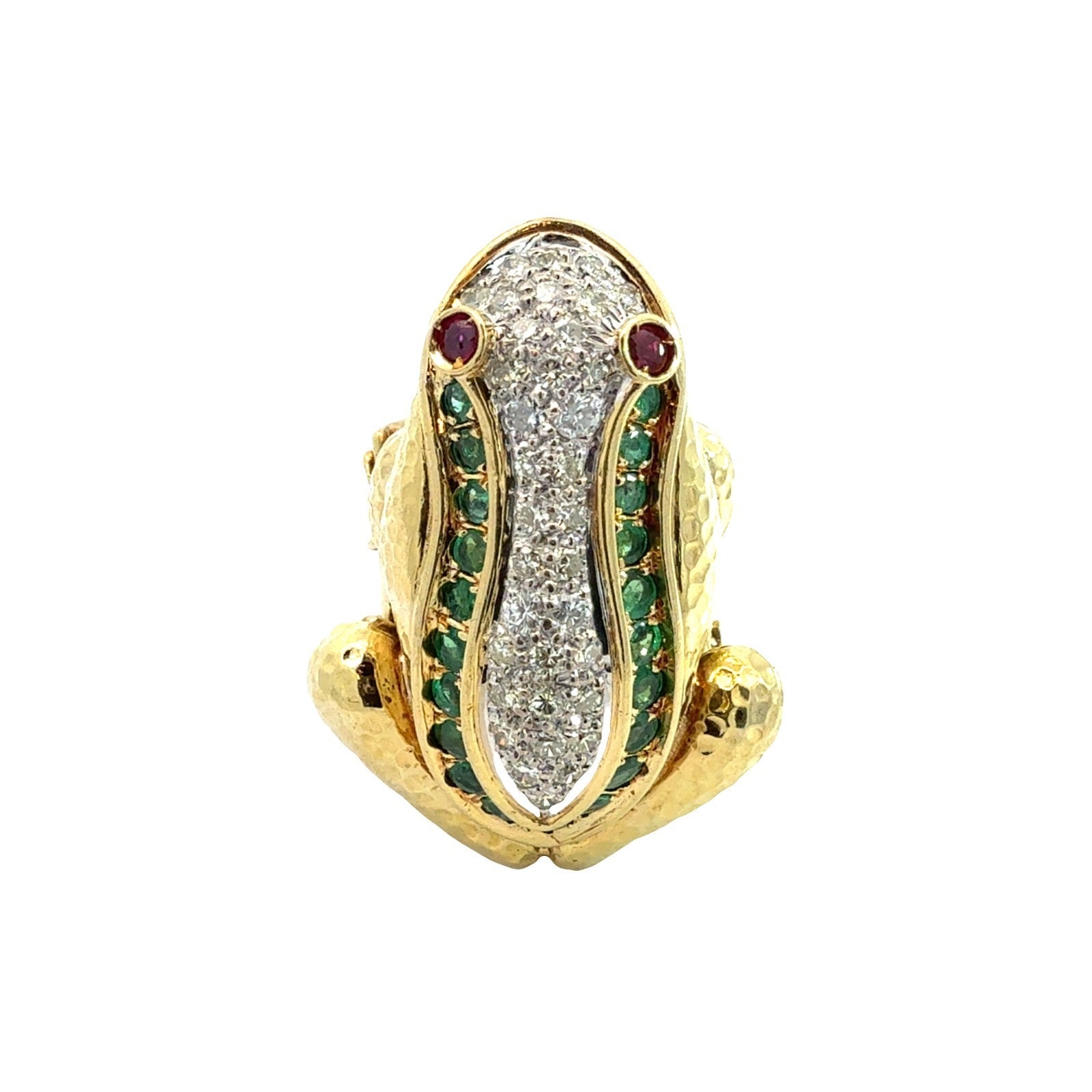 18k Yellow Gold 0.68ctw Diamond 0.75ctw Emerald 0.10ctw Ruby Frog Cocktail Ring0