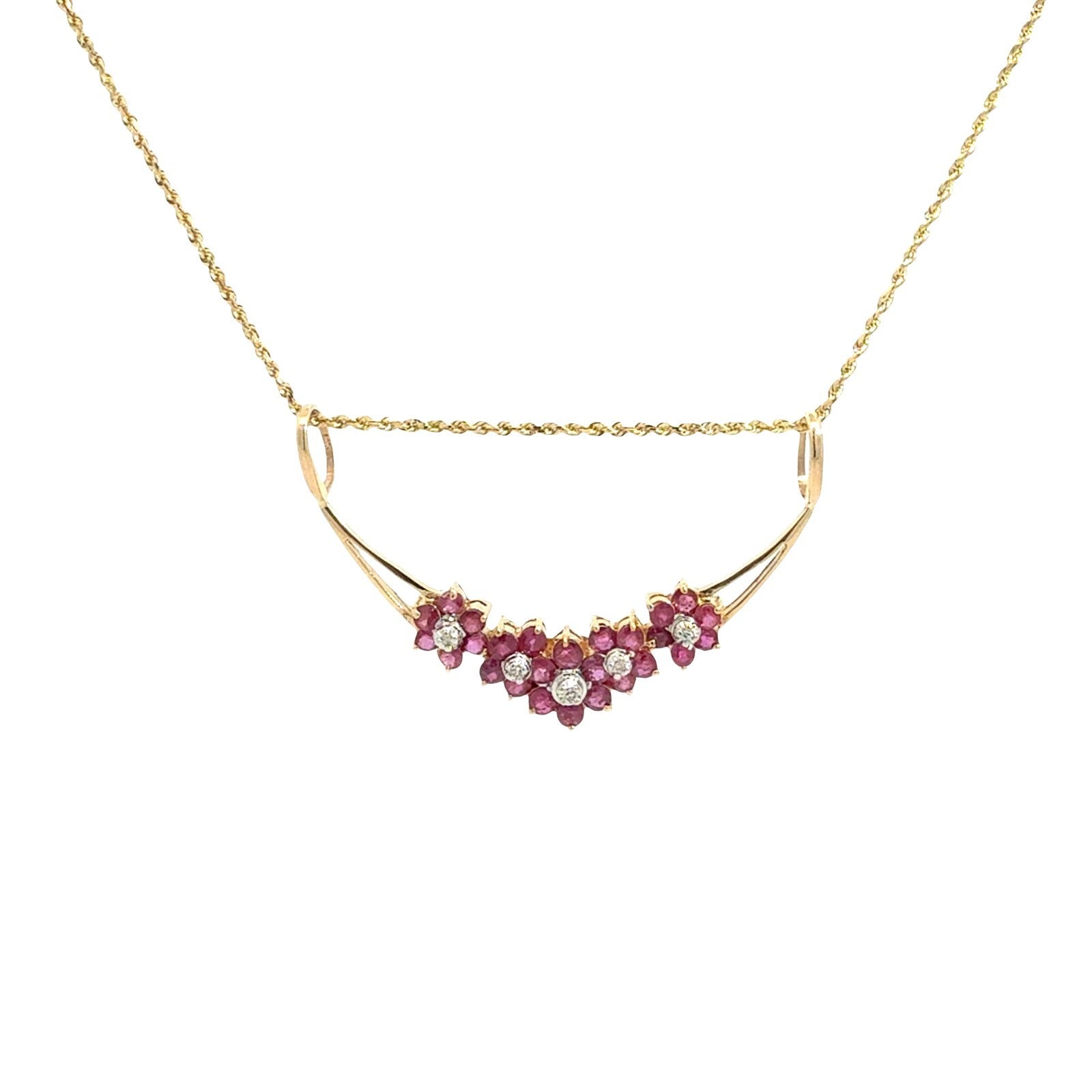 Vintage 14k Yellow Gold 1.74cttw Ruby 0.04cttw Diamond Floral Pendant Necklace2