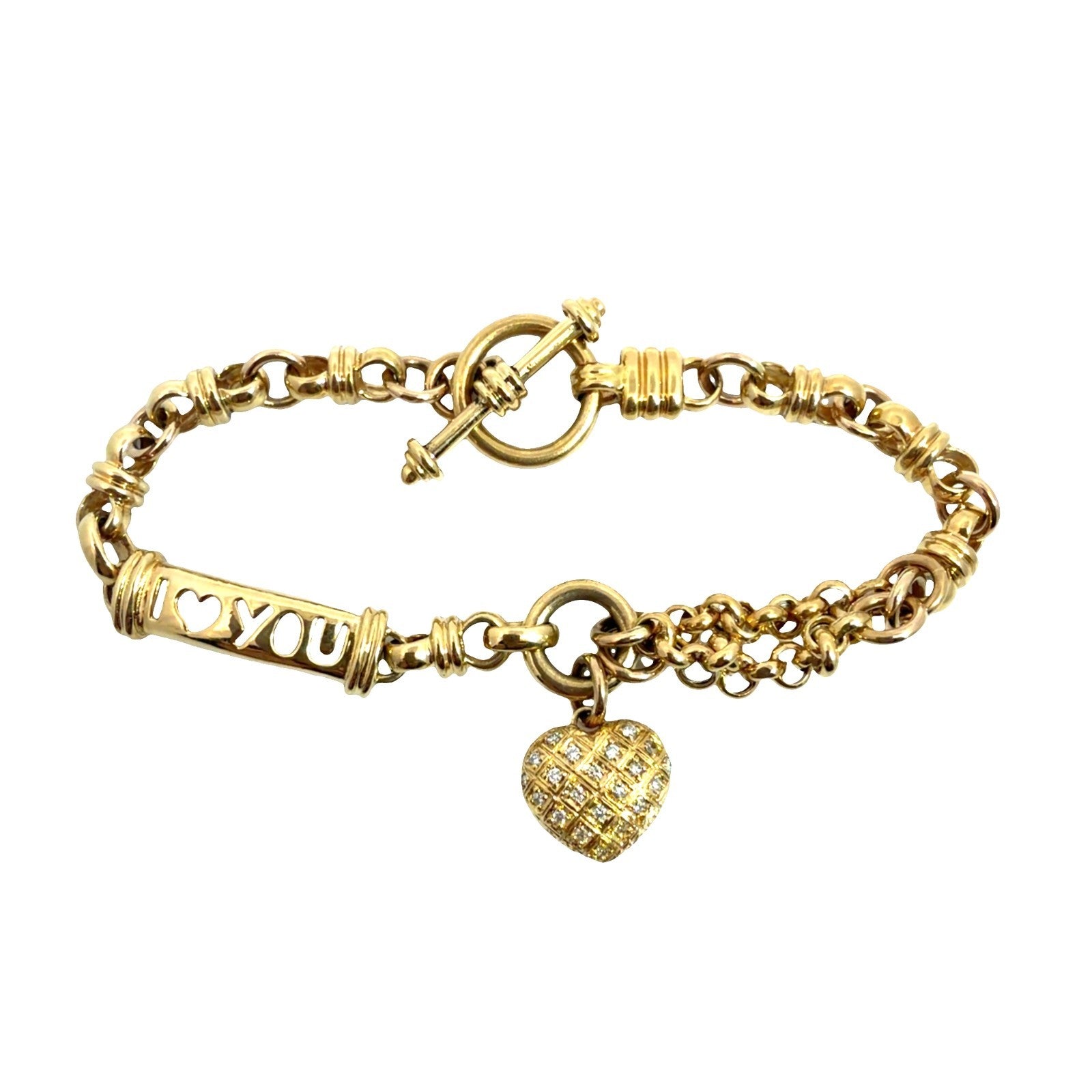 18k Yellow Gold I Love You Heart Charm Diamond Chain Bracelet 6.5 in4