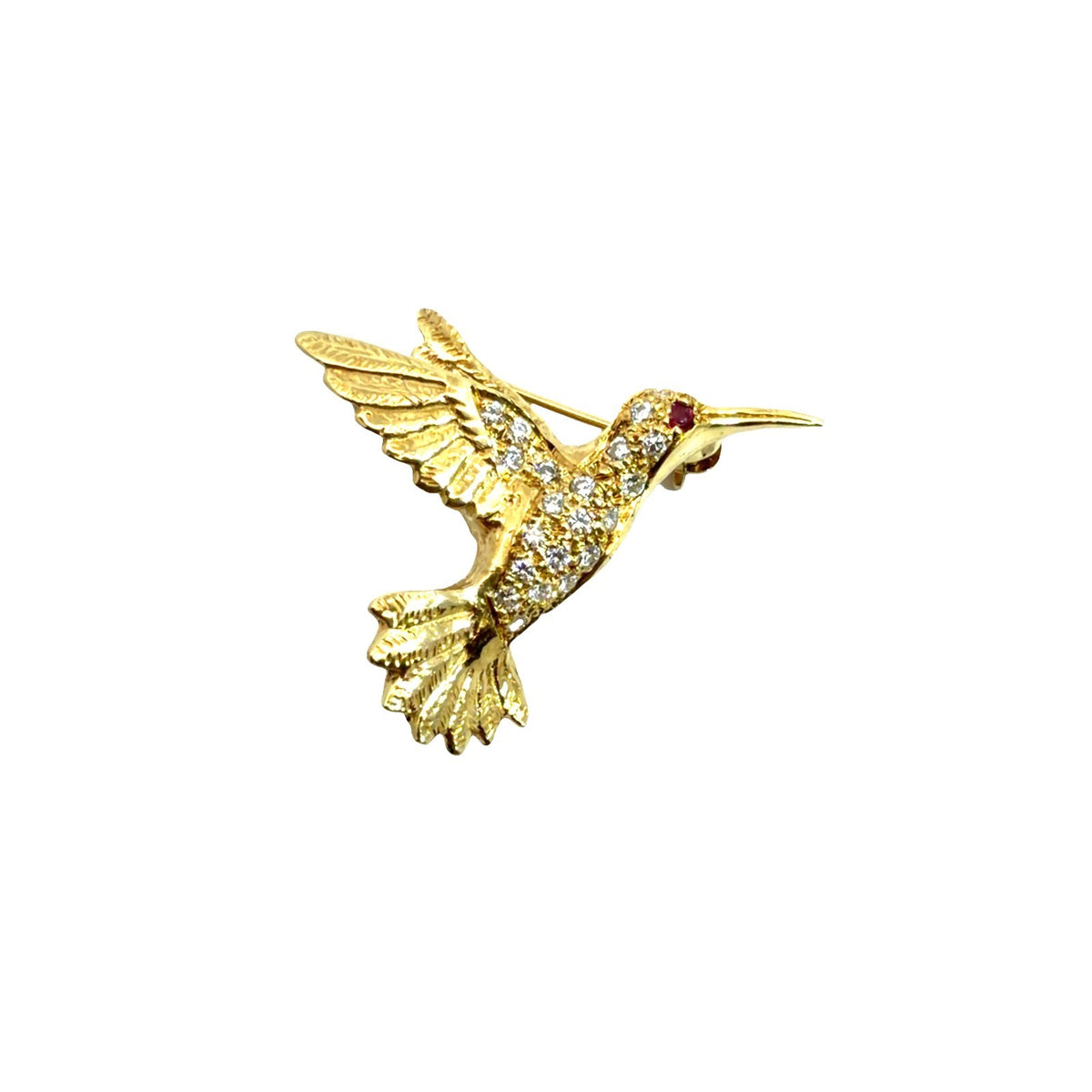 Vintage 18k Yellow Gold 0.18cttw Diamond &amp; 0.01tcw Ruby Hummingbird Pin0