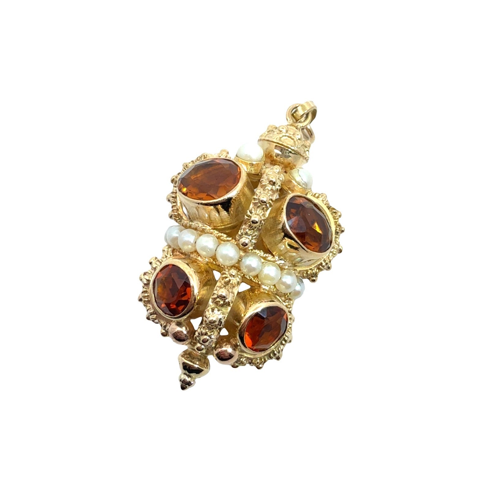 Vintage 18k Yellow Gold Stamped 11.16cttw Citrine and Pearl Ornate Crown Pendant0