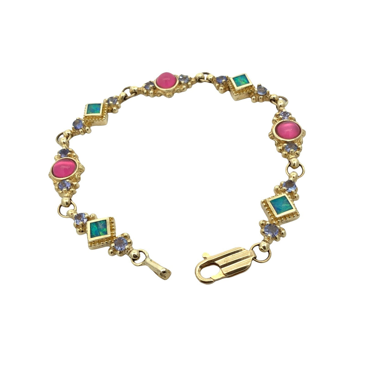 A.K 14k Yellow Gold Opal & 1.26cttw Iolite Multi-Color Link Bracelet 7"4