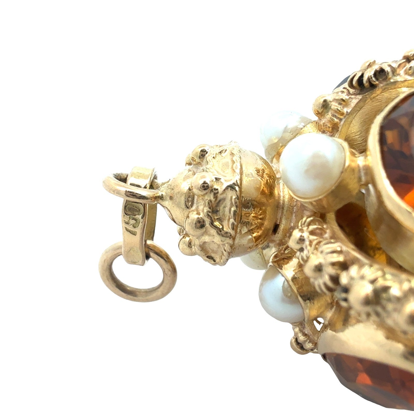 Vintage 18k Yellow Gold Stamped 11.16cttw Citrine and Pearl Ornate Crown Pendant7