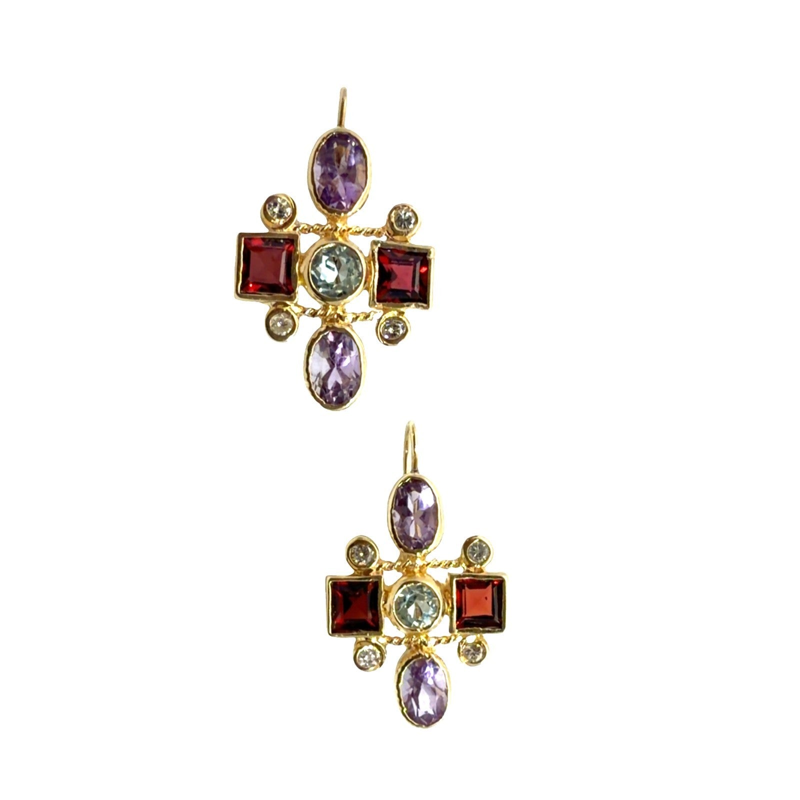 Vintage 13.5k Yellow Gold Diamond, Topaz, Amethyst, and Garnet Earrings4