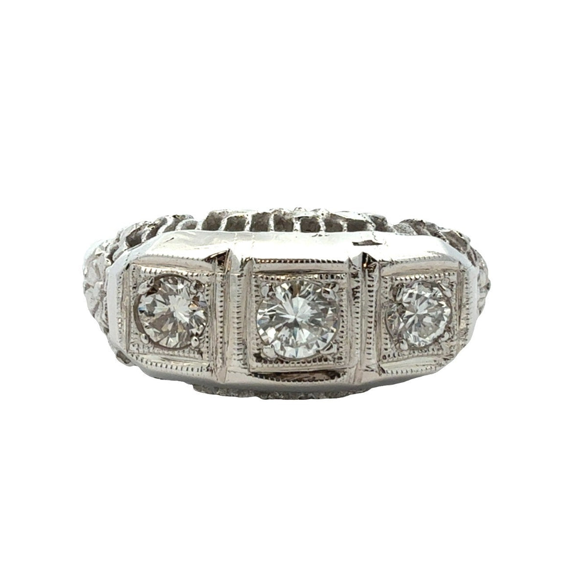 Vintage 14k White Gold Filigree 0.36ctw Three Diamond Dome Ring Size 6.50