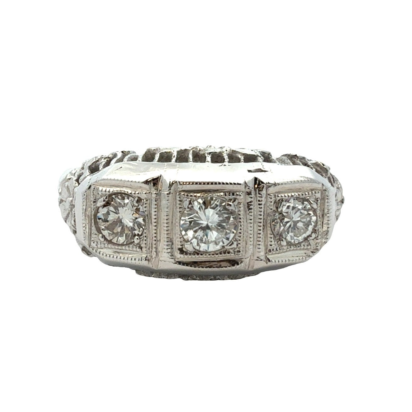 Vintage 14k White Gold Filigree 0.36ctw Three Diamond Dome Ring Size 6.50