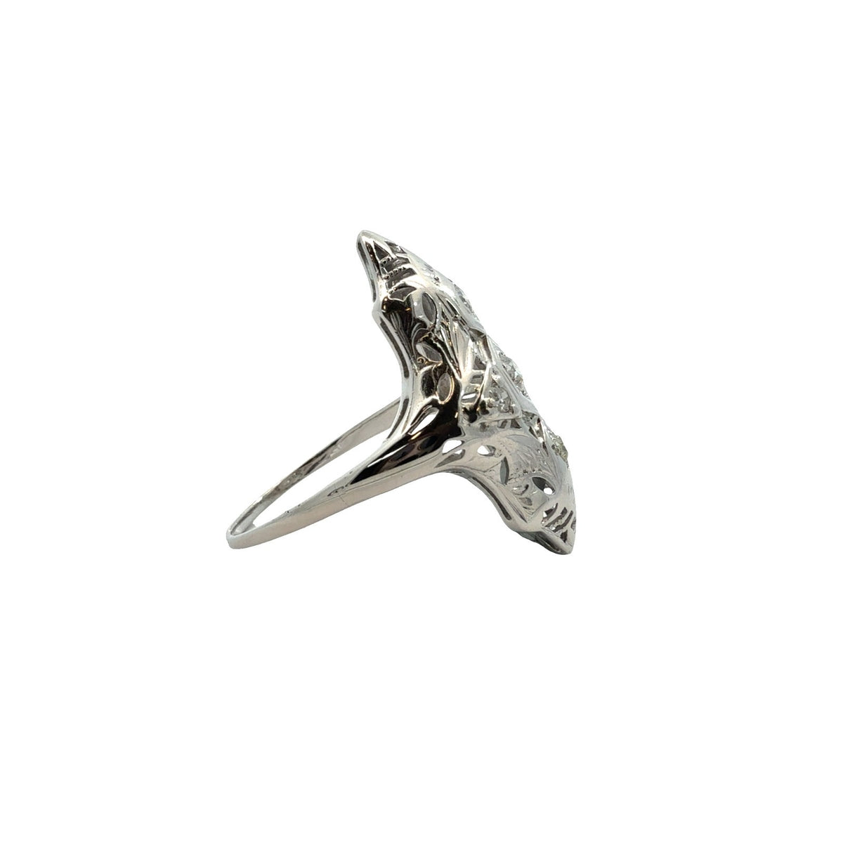 Vintage Art Deco 18k White Gold 0.32ctw Euro Cut Diamonds Navette Ring Size 62