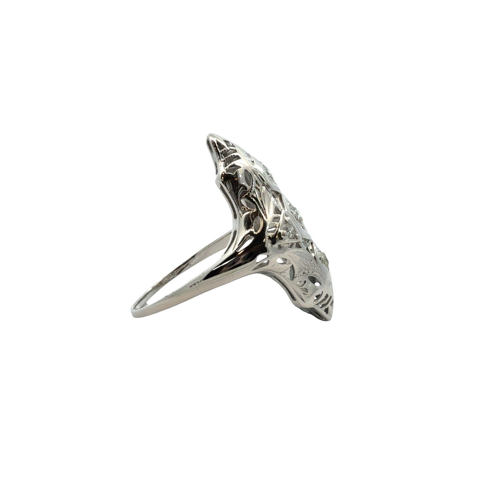 Vintage Art Deco 18k White Gold 0.32ctw Euro Cut Diamonds Navette Ring Size 62