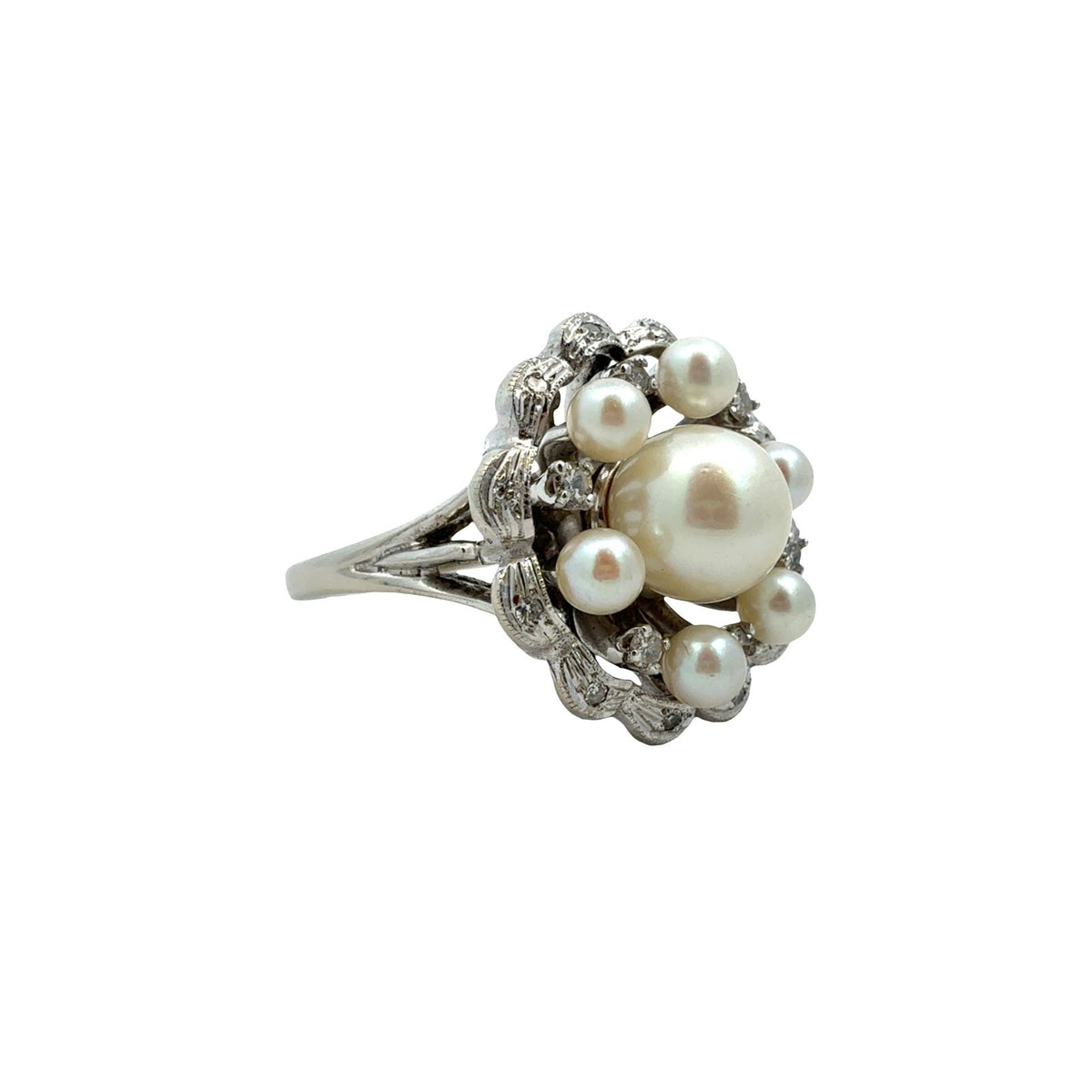 Kimberly Vintage 14k White Gold Stamped Pearl & 0.18cttw Diamond Cocktail Ring1