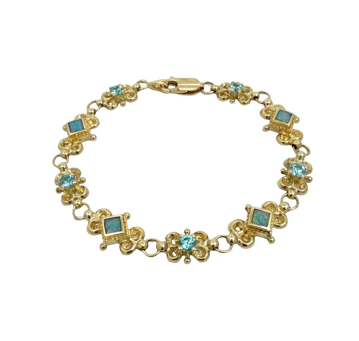 14k Yellow Gold 1.55cttw Blue Zircon &amp; Opal Filigree Chain Bracelet 7.25"0