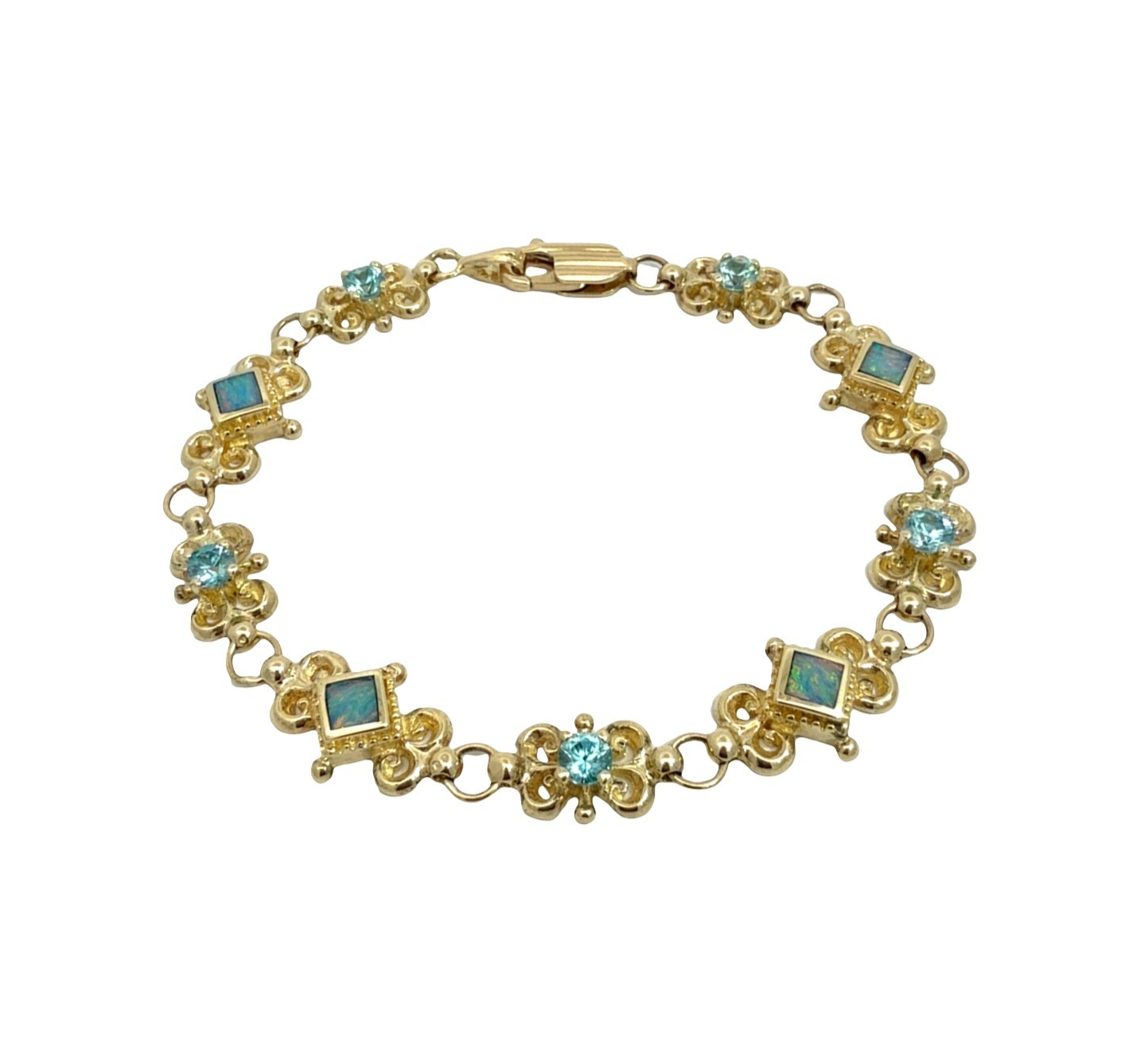 14k Yellow Gold 1.55cttw Blue Zircon & Opal Filigree Chain Bracelet 7.25"0