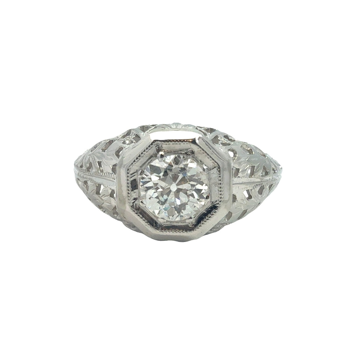 Vintage 18k White Gold Solitaire Euro Cut 0.58ctw Diamond Engagement Ring Size 60