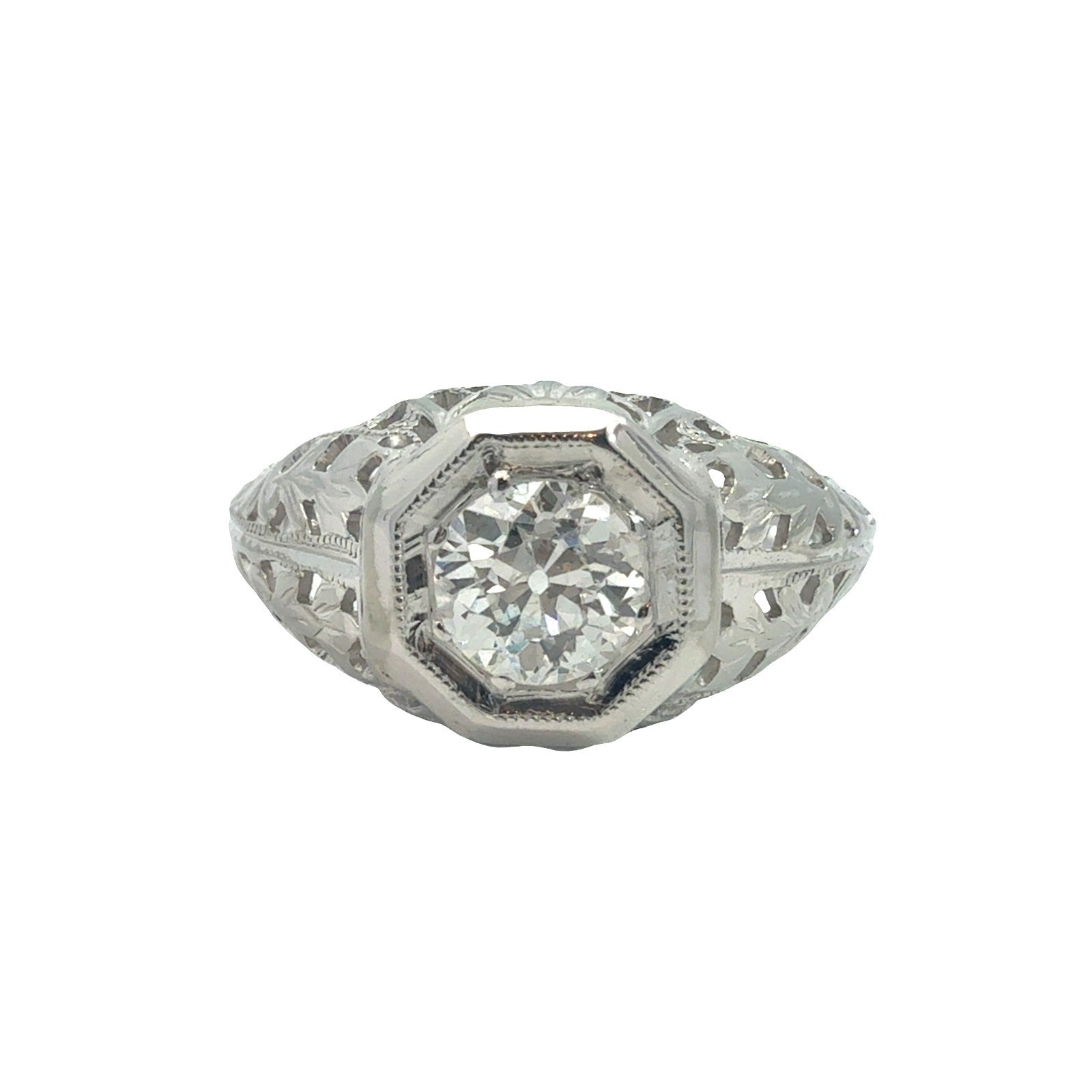 Vintage 18k White Gold Solitaire Euro Cut 0.58ctw Diamond Engagement Ring Size 60
