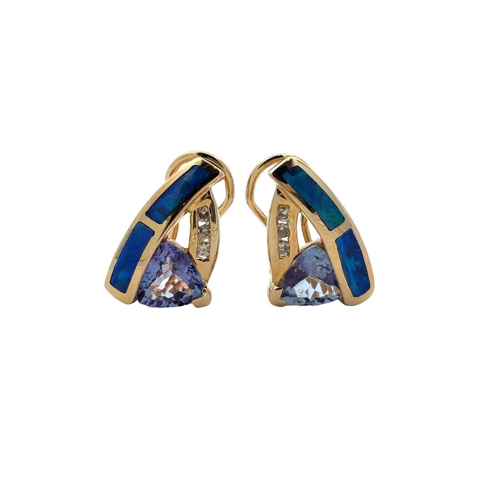 Vintage 14k Yellow Gold 0.91cttw Tanzanite 0.05cttw Diamond & Blue Opal Earrings0