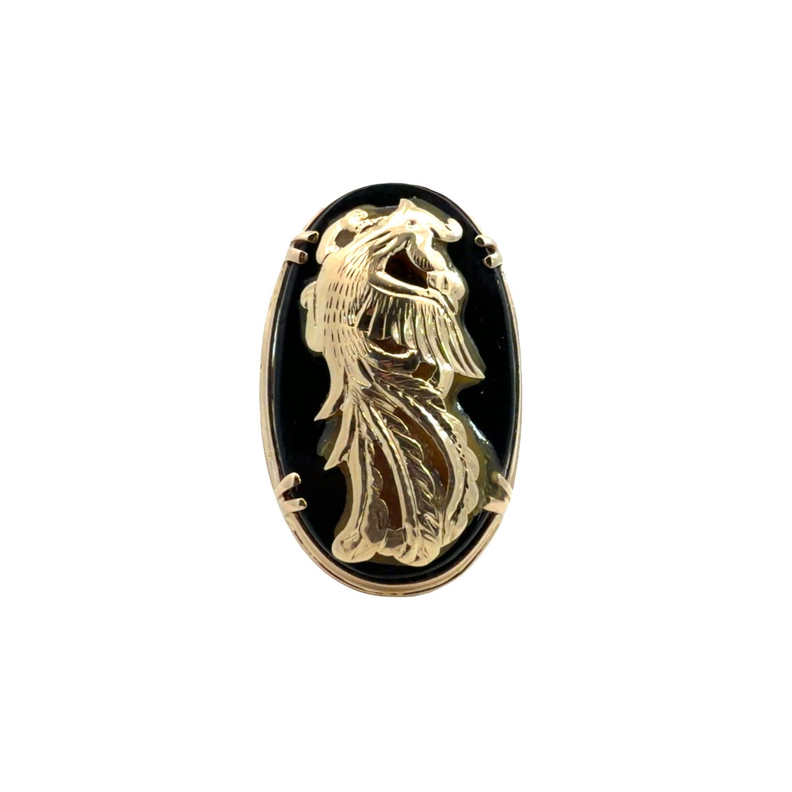 13.5k Yellow Gold Ming's Hawaii Rare Vintage Phoenix Overlay Onyx Ring Size 6.750