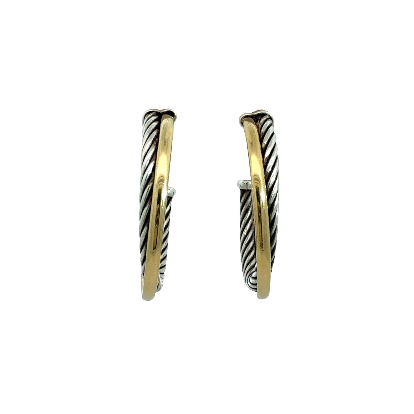 David Yurman Sterling Silver 14k Yellow Gold Crossover Cable Hoop Earrings0