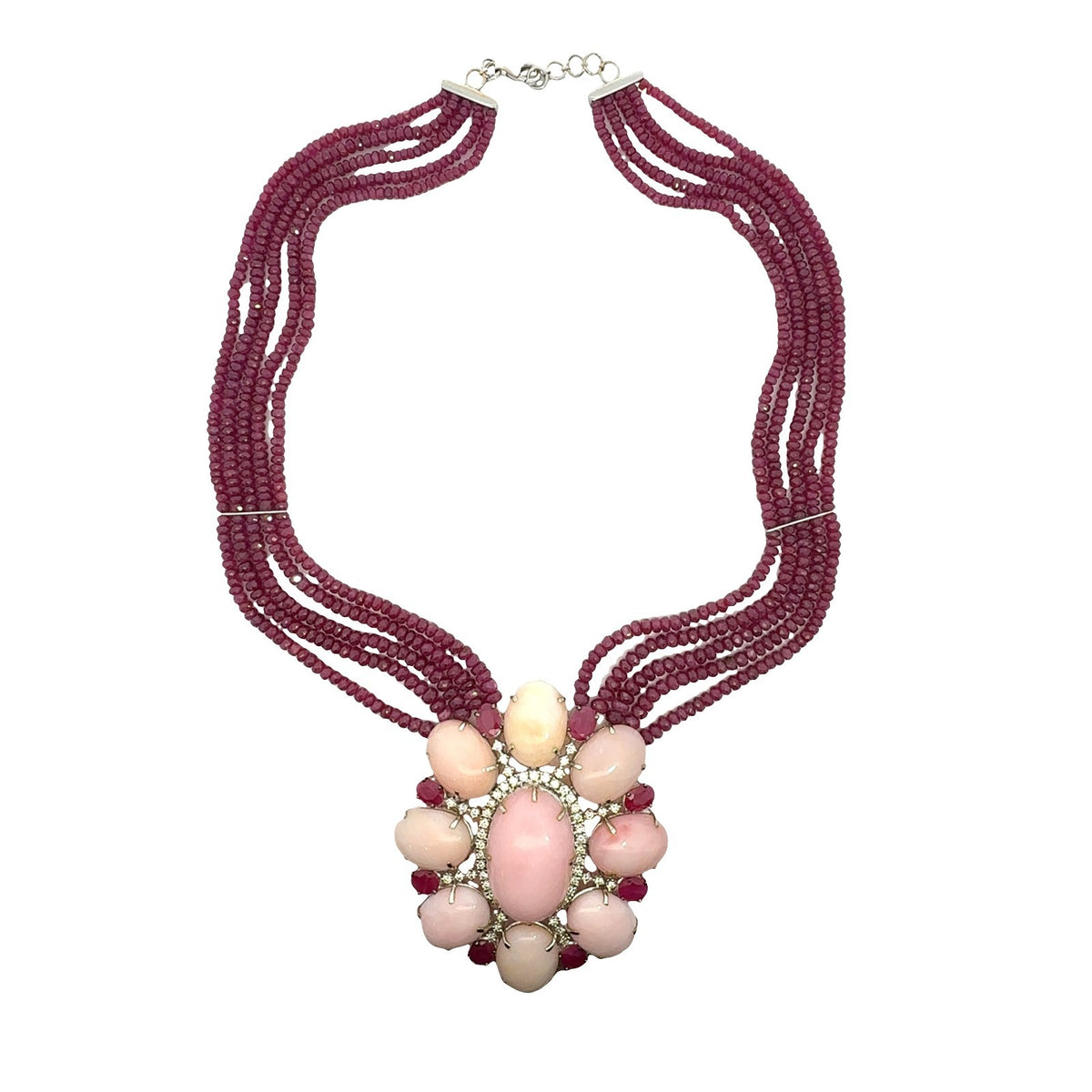 18k White Gold Opal 2.10cttw Diamond 9.76cttw Ruby Multi-Strand Beaded Necklace1