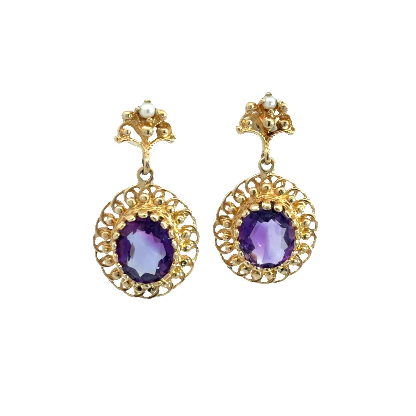 Vintage 14k Yellow Gold Stamped 4.12ctw Amethyst and Seed Pearl Dangle Earrings6