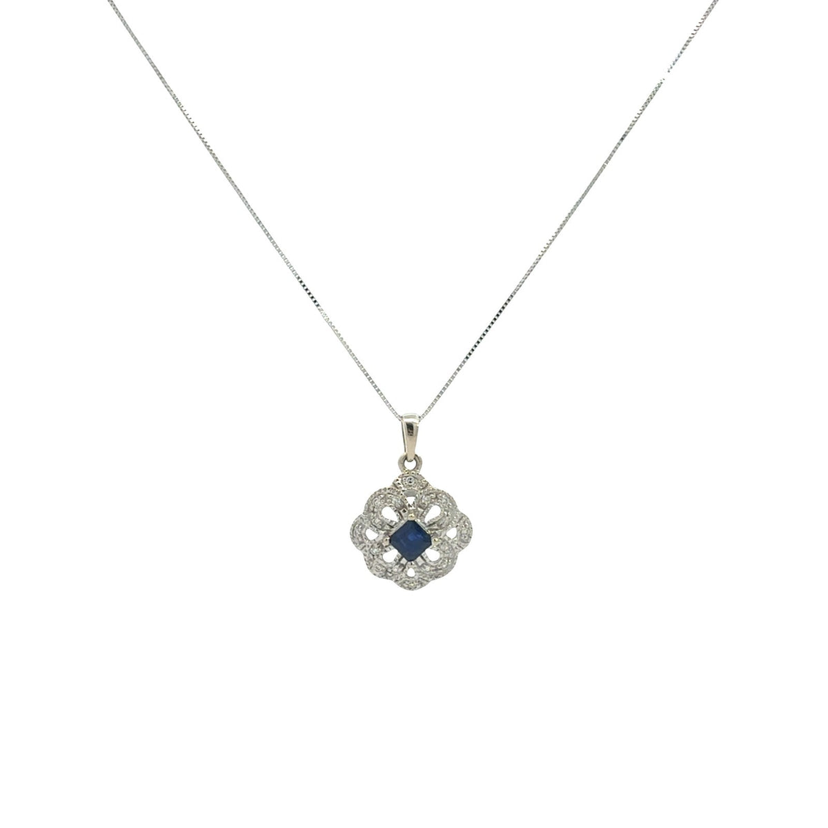 14k White Gold 0.45tcw Sapphire and 0.12cttw Diamond Floral Openwork Necklace0