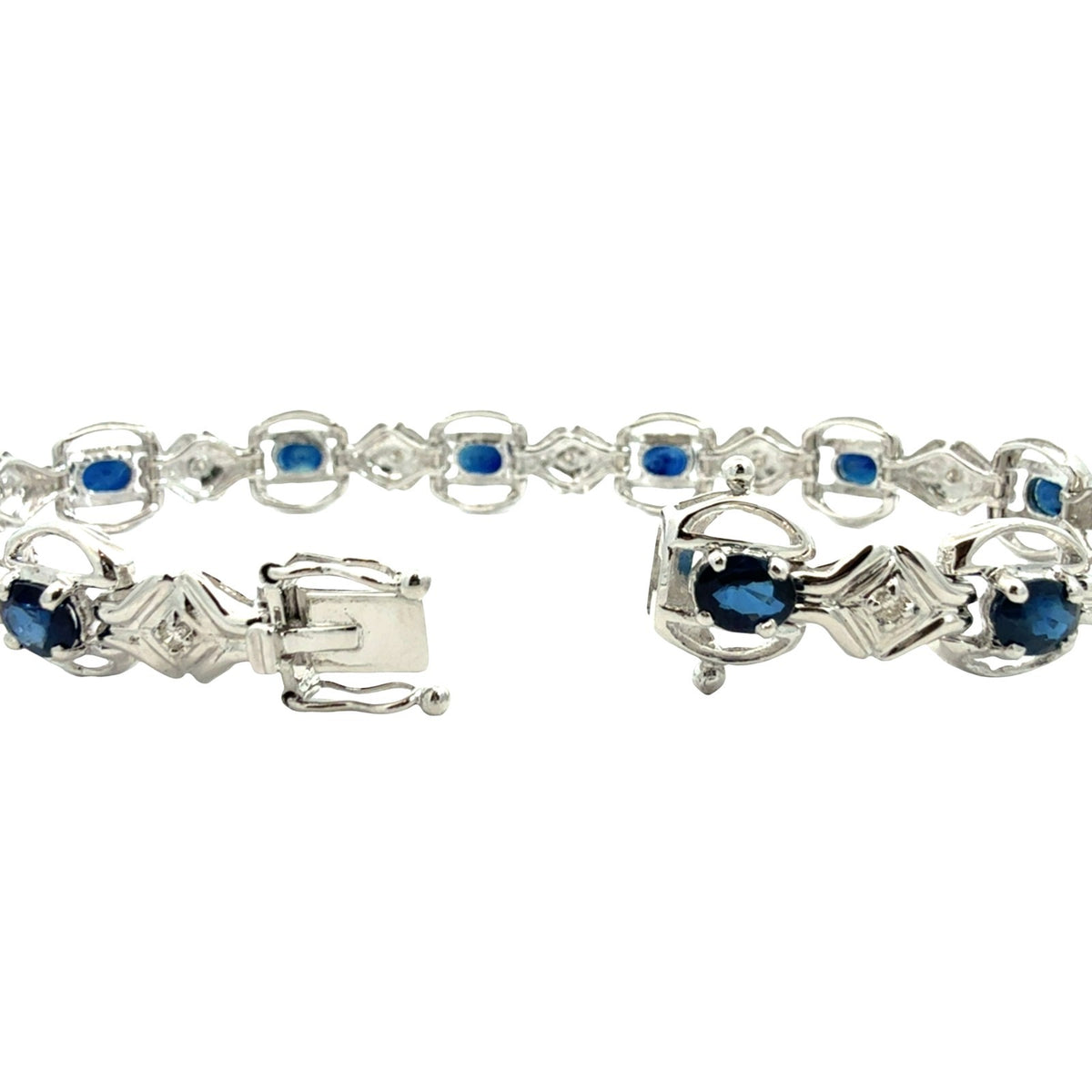 14k White Gold 0.14cttw Diamond and 4.56cttw Sapphire Link Bracelet4
