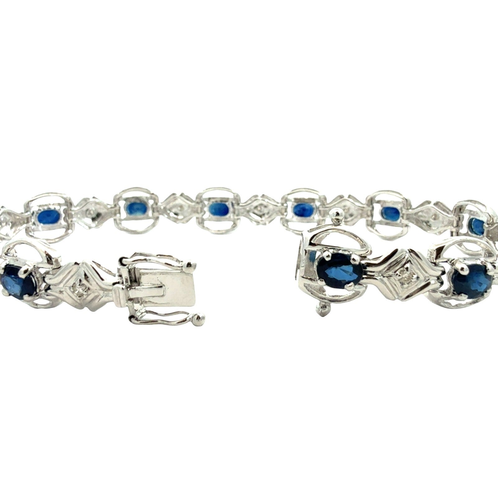 14k White Gold 0.14cttw Diamond and 4.56cttw Sapphire Link Bracelet4