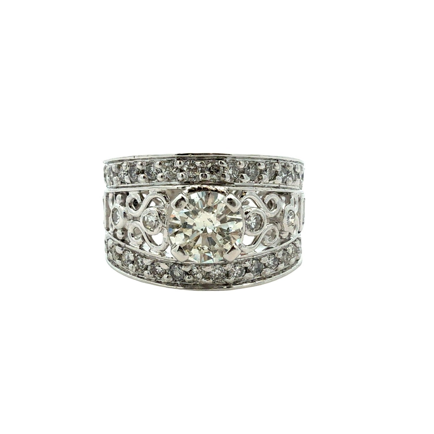Vintage 14k White Gold 1.68cttw Diamond Filigree Wide Band Engagement Ring0