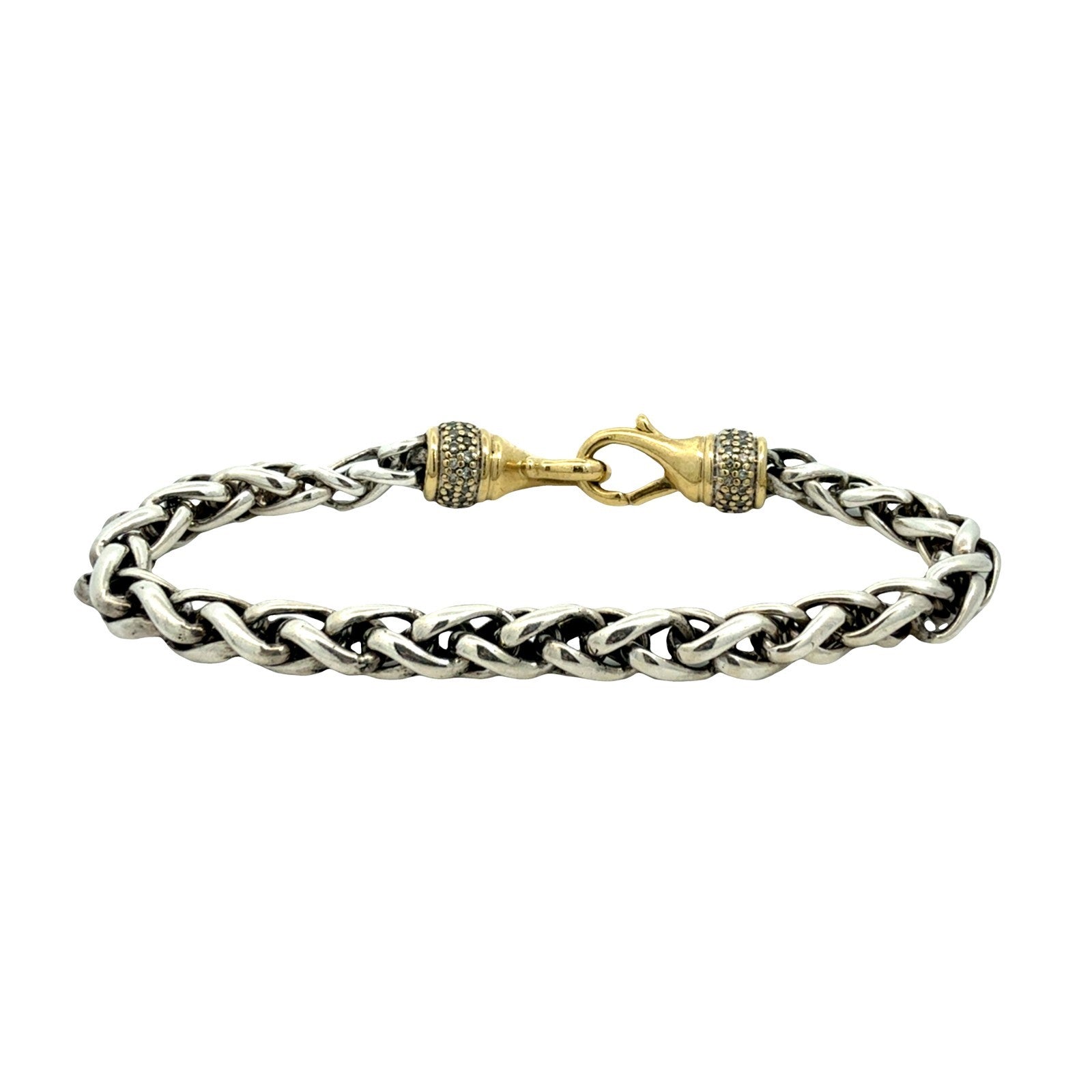 David Yurman Sterling Silver Yellow Gold 0.83cttw Diamond Wheat Chain Bracelet3