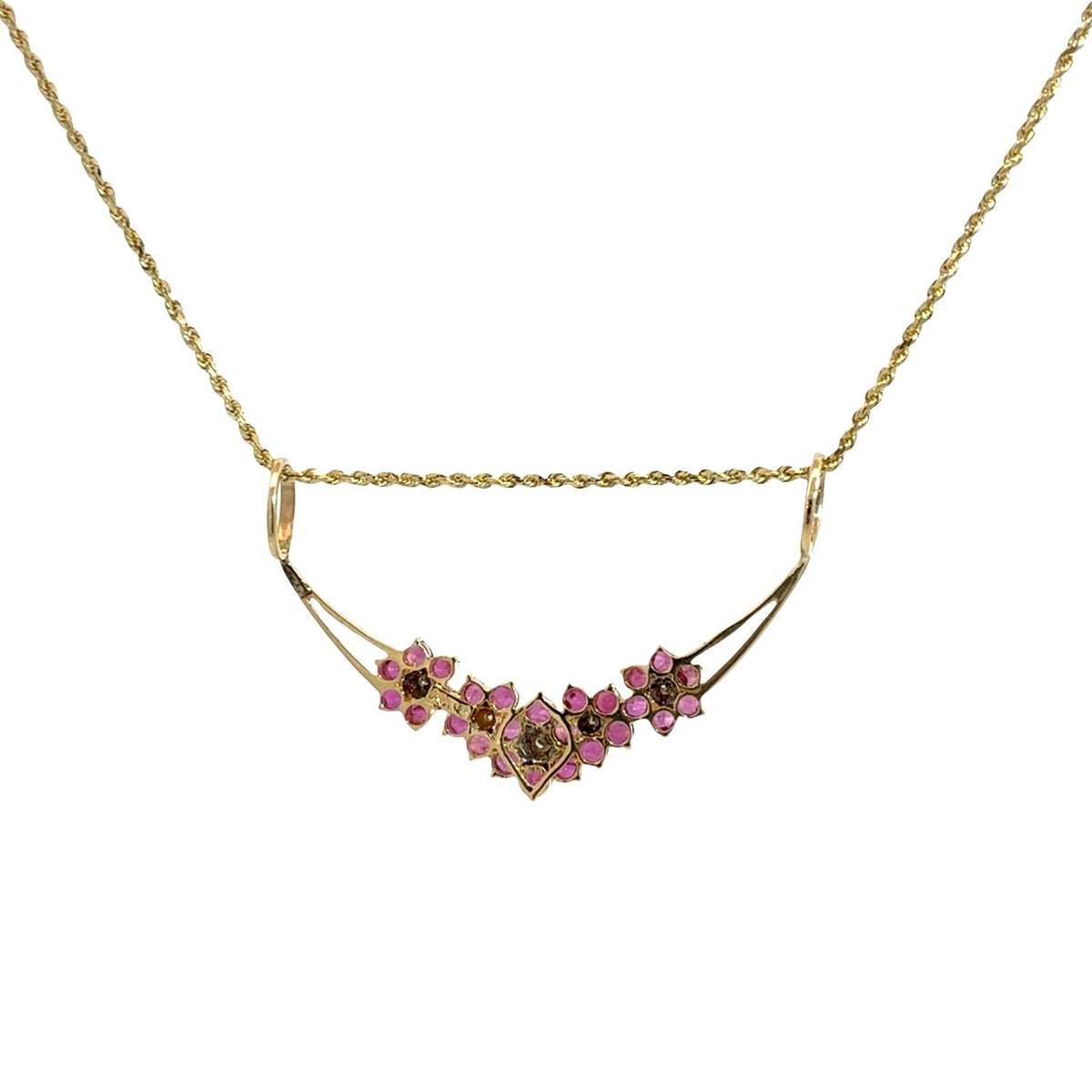 Vintage 14k Yellow Gold 1.74cttw Ruby 0.04cttw Diamond Floral Pendant Necklace4