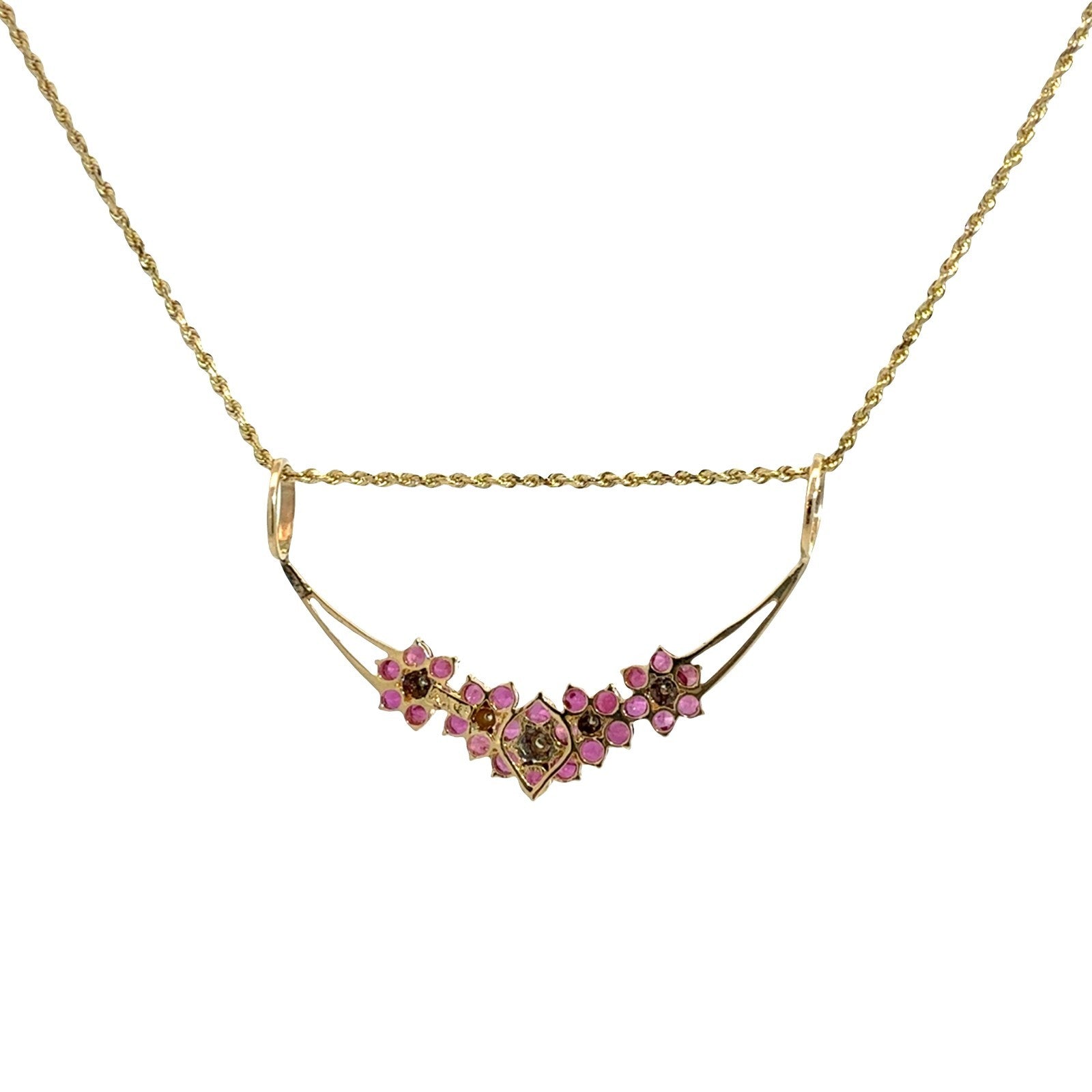 Vintage 14k Yellow Gold 1.74cttw Ruby 0.04cttw Diamond Floral Pendant Necklace4