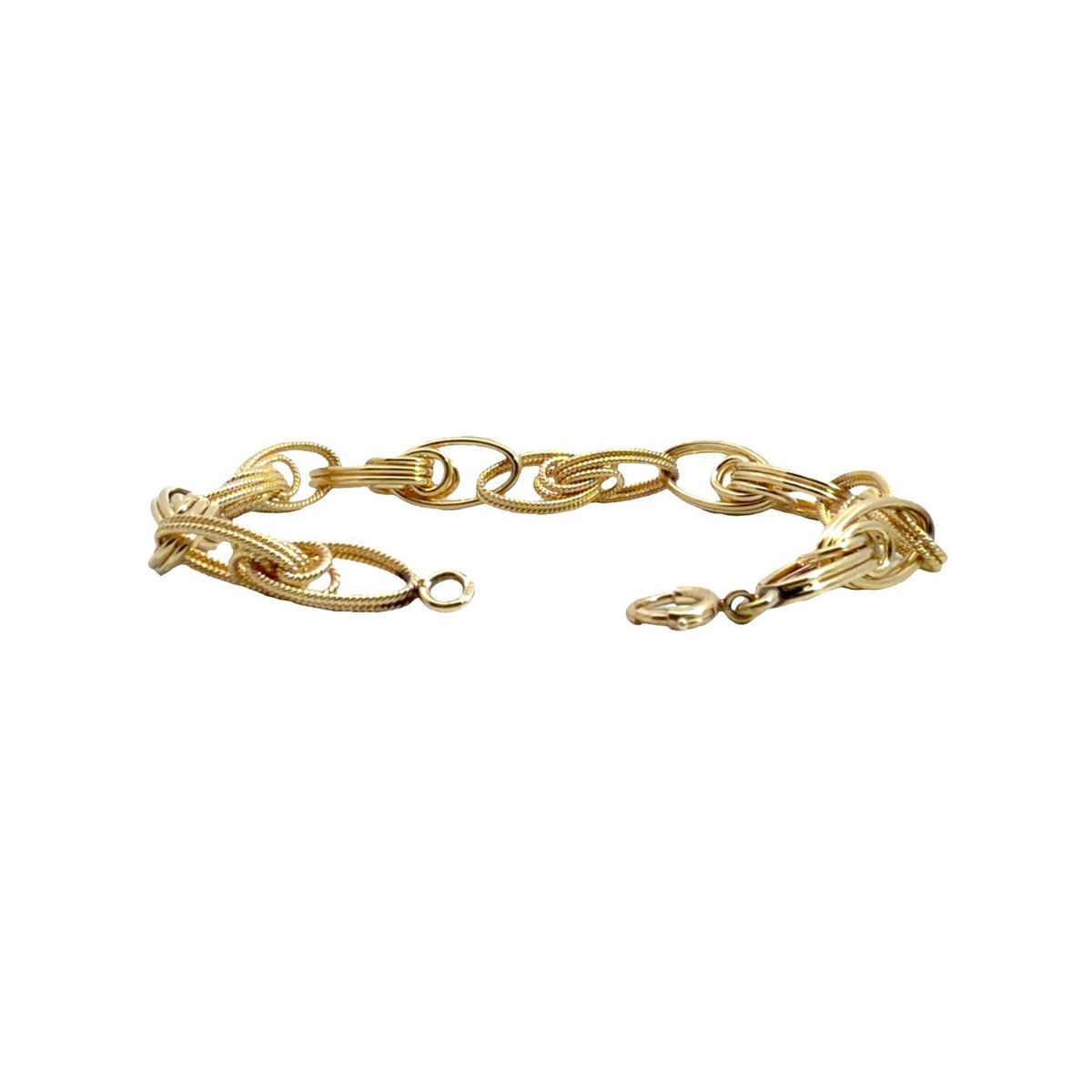 14k Yellow Gold Stamped Alternating Textured & Polished Oval Link Bracelet 7"3