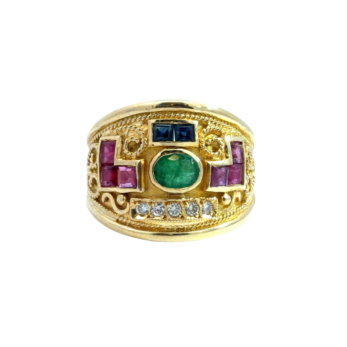 18k Yellow Gold Emerald, Ruby, Sapphire, and Diamond Byzantine Style Ring6