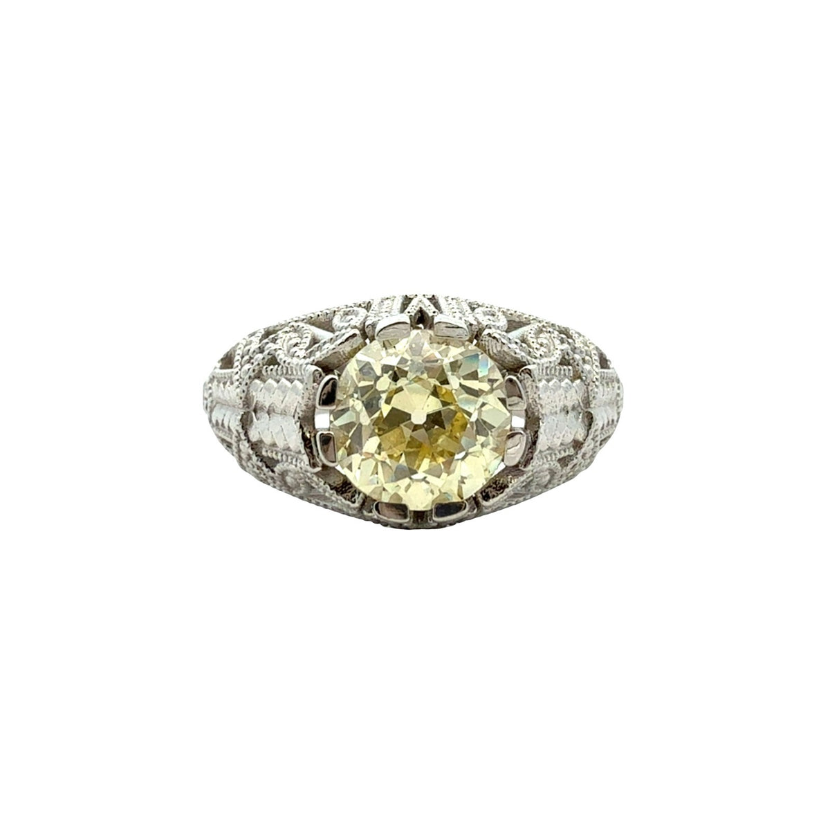 NEW 18k White Gold Filigree 1.75tcw Yellow Diamond Euro Cut Engagement Ring0