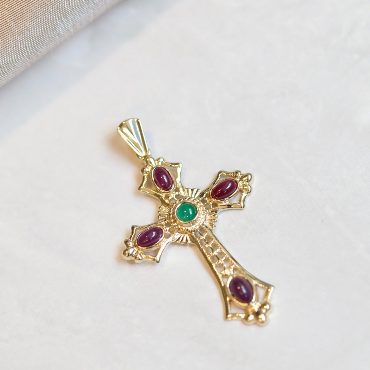 Vintage 14k Yellow Gold 0.20tcw Emerald and 1.89cttw Ruby Openwork Cross Pendant0
