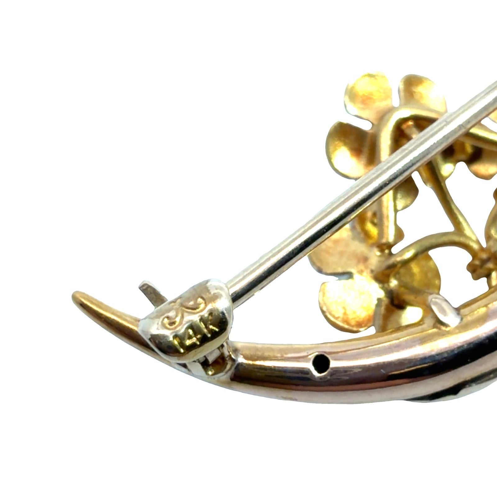 Vintage 14k Yellow Gold Moon Seed Pearl Flower Pin2