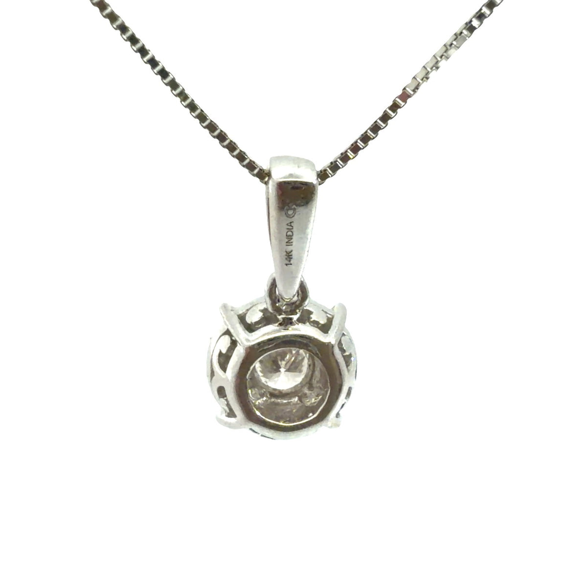 14k White Gold 0.19cttw Diamond Halo Pendant Box Chain Necklace 16"3