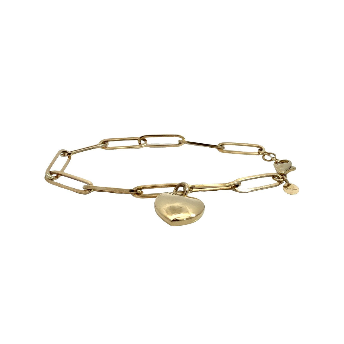14k Yellow Gold Paperclip Chain Heart Charm Bracelet 7.5"1