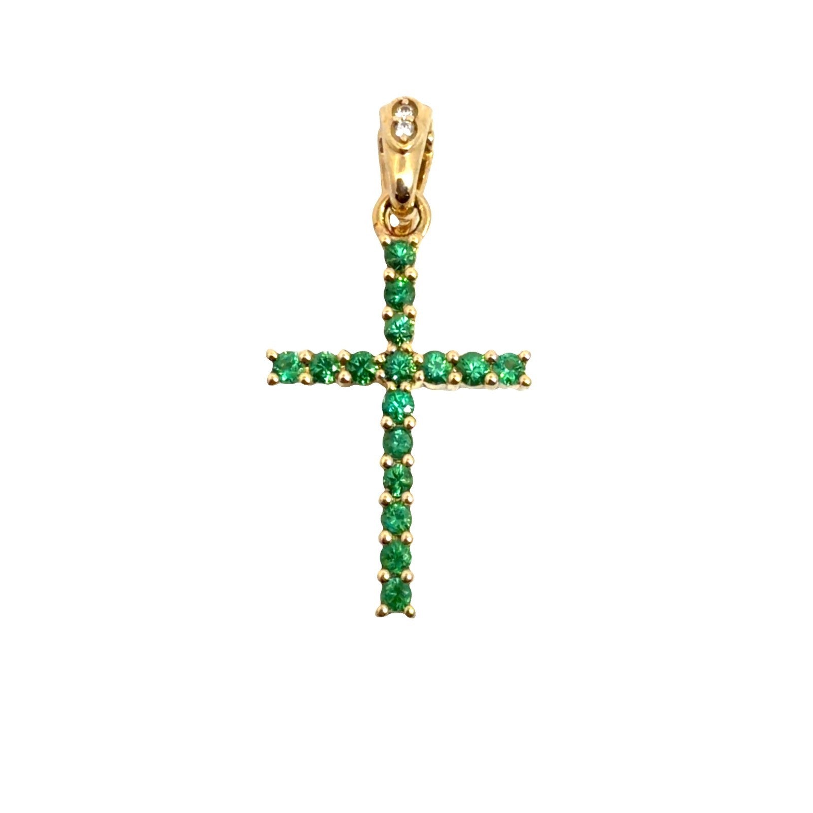 Vintage 18k Yellow Gold Cross Pendant with 0.32cttw Emerald and 0.01cttw Diamond