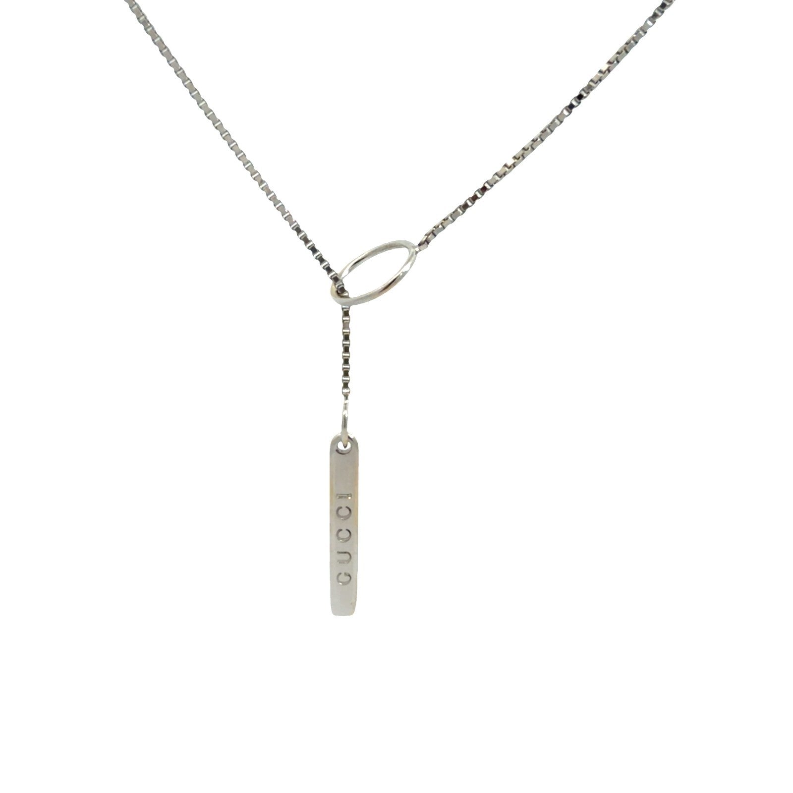 Gucci 18k White Gold Lariat Bar Pendant Box Chain Necklace 18"0