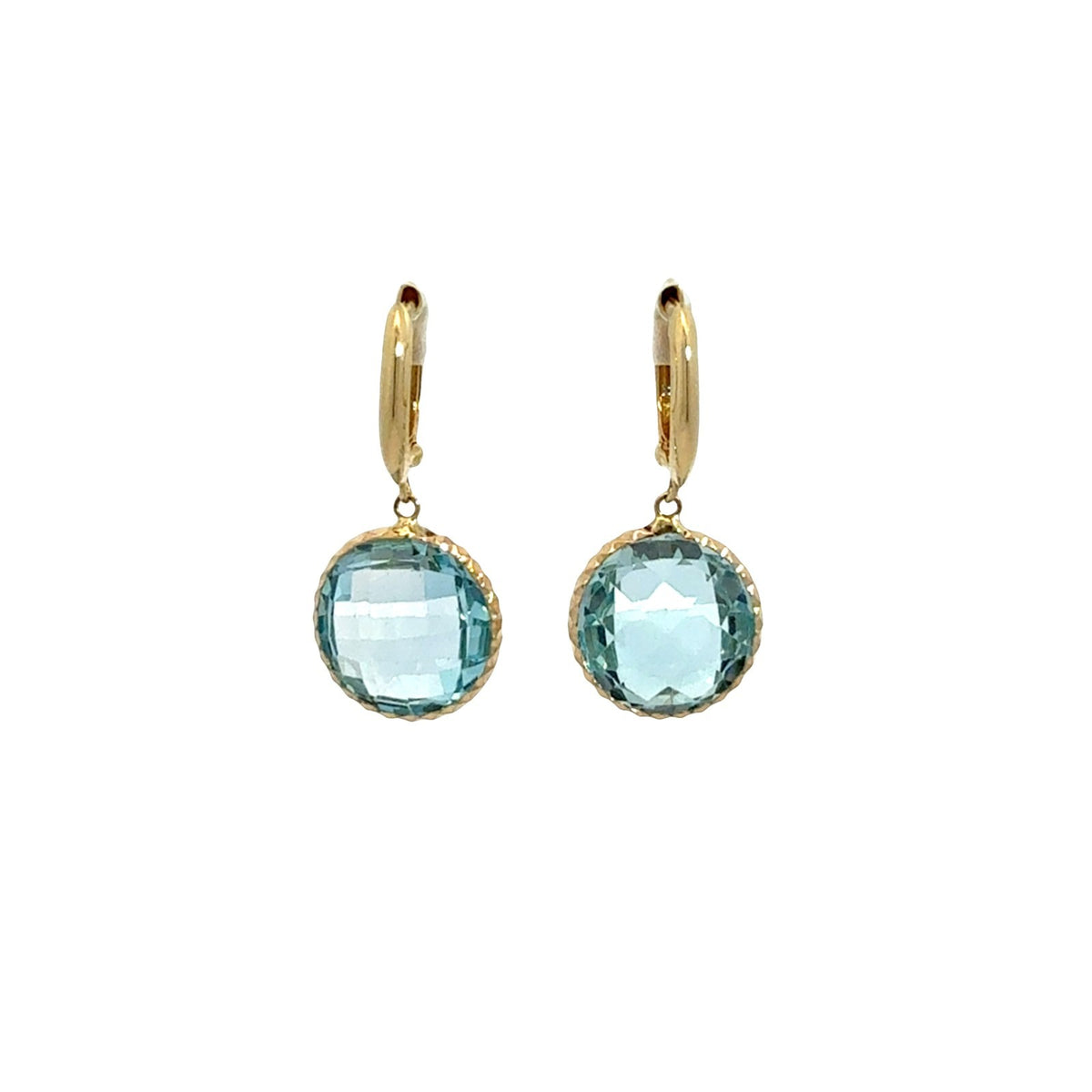 14k Yellow Gold and Round Blue Topaz Drop Earrings3