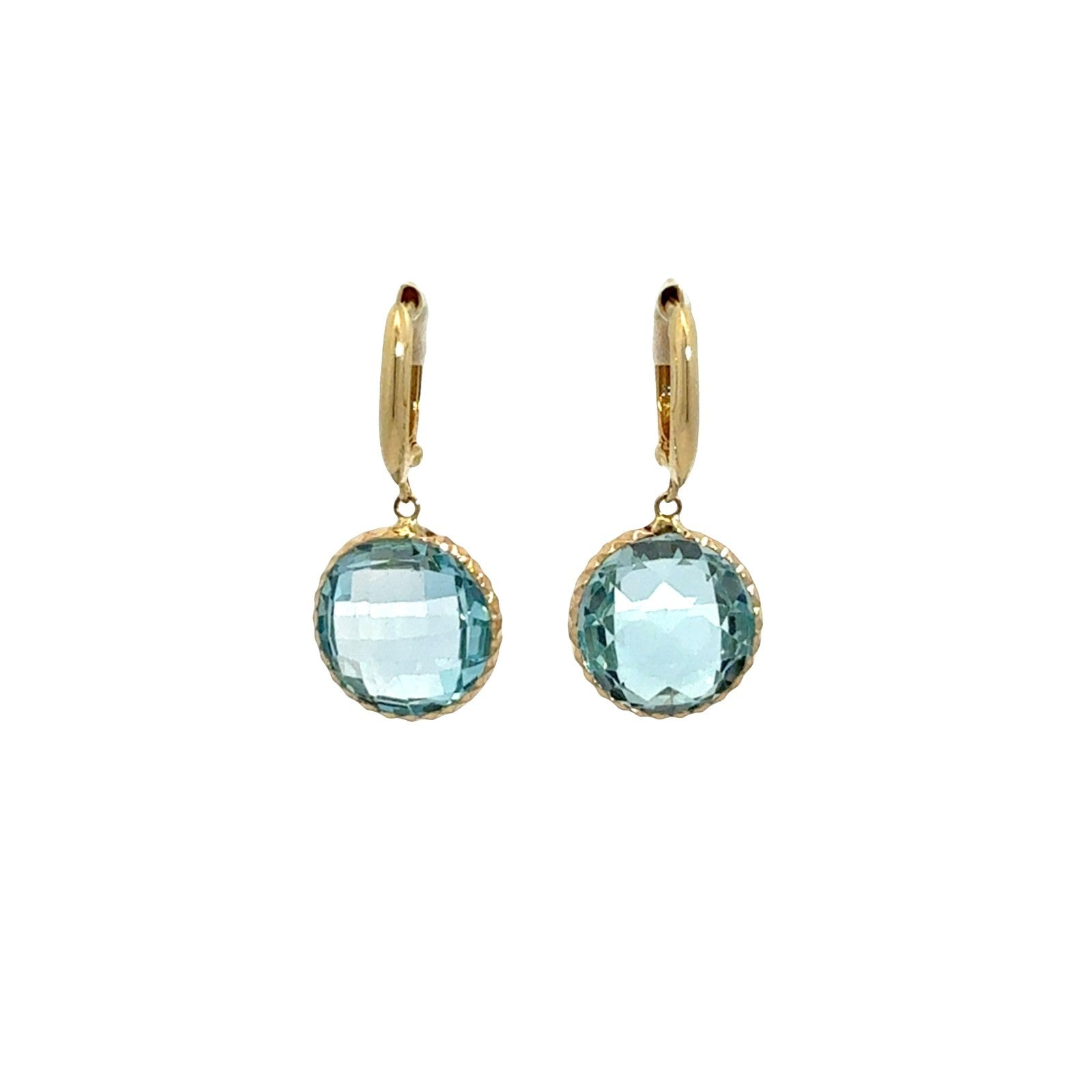 14k Yellow Gold and Round Blue Topaz Drop Earrings3