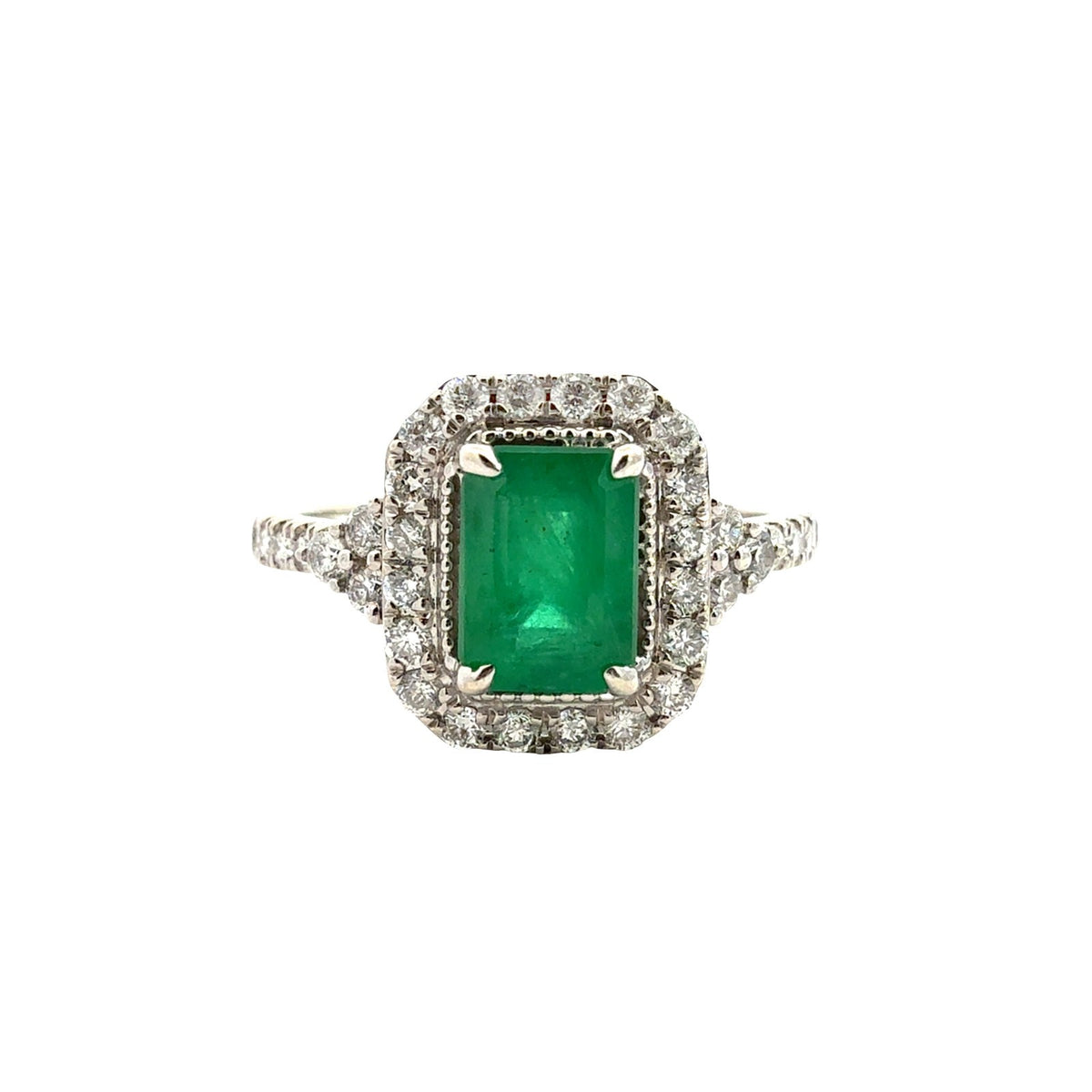 Royal 14k White Gold 1.02tcw Emerald and 0.63cttw Diamond Halo Cocktail Ring0