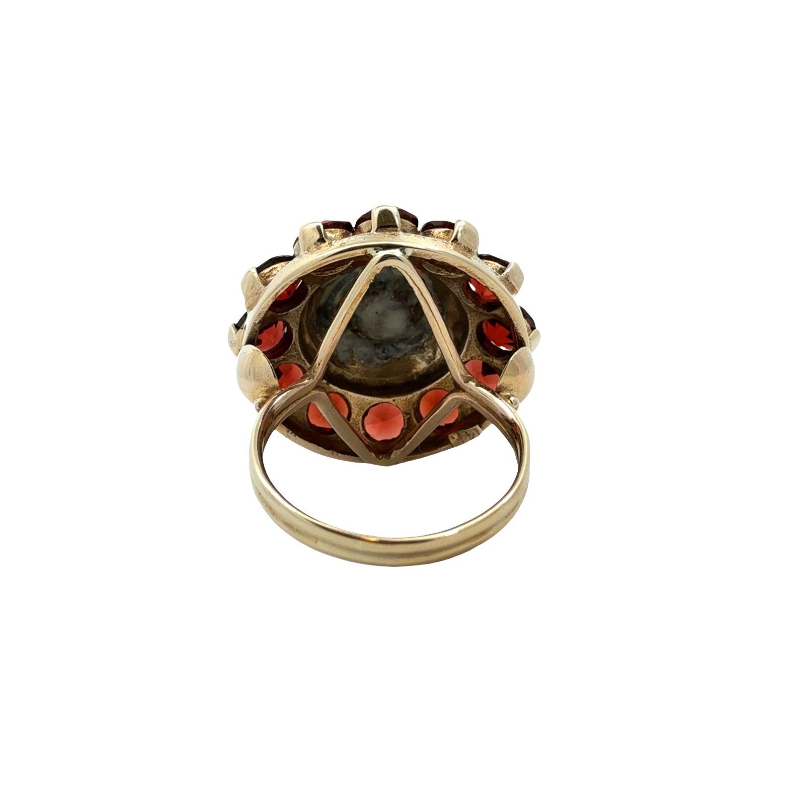 Vintage 14k Yellow Gold Stamped Pearl & 4.68cttw Garnet Halo Cocktail Ring3