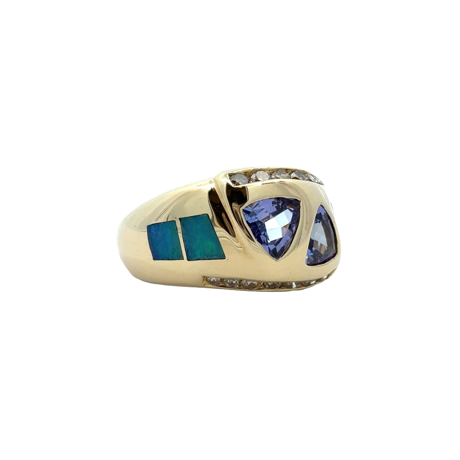 STS 14k Yellow Gold 1.07cttw Tanzanite 0.35cttw Diamond & Opal Inlay Ring0