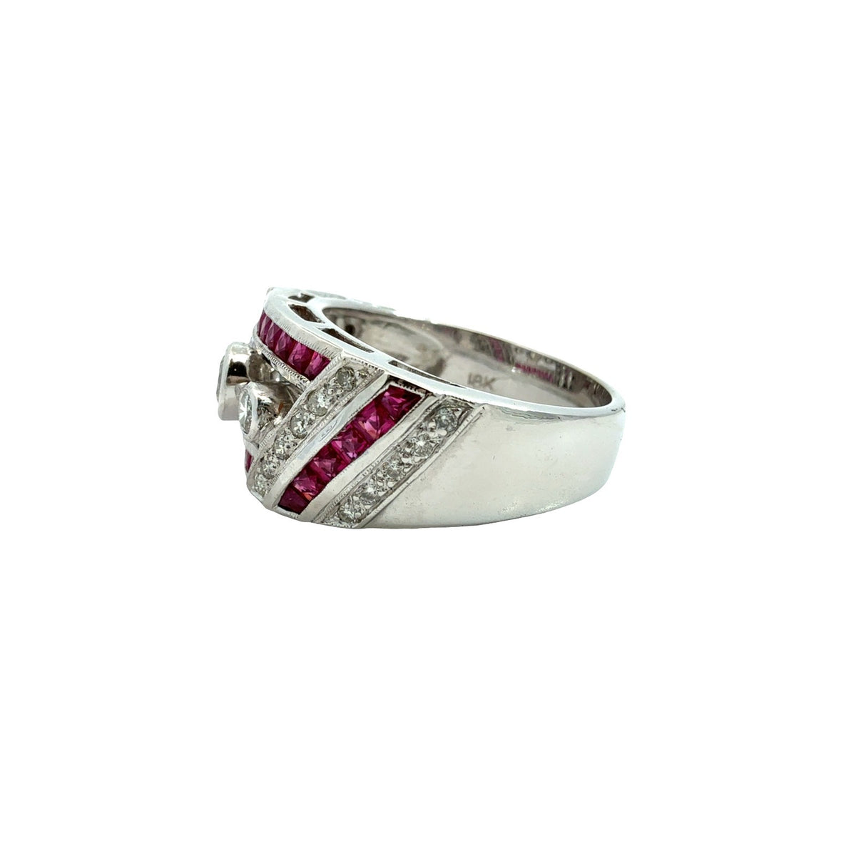 18k White Gold Art Deco Style 0.37cttw Diamond & 0.54cttw Ruby Ring Size 74