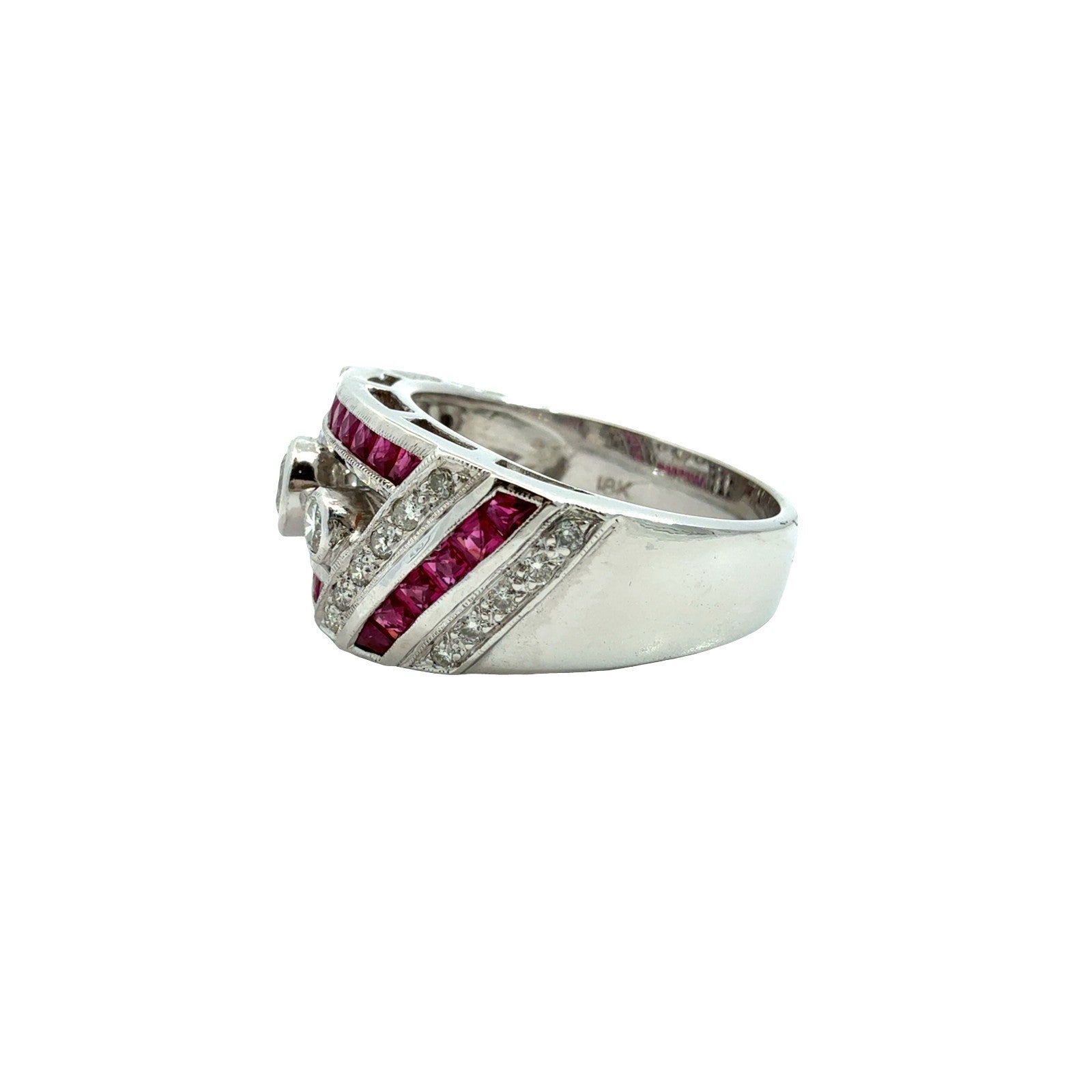 18k White Gold Art Deco Style 0.37cttw Diamond & 0.54cttw Ruby Ring Size 74