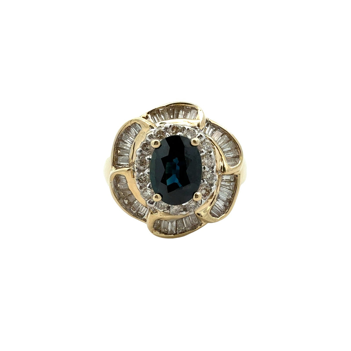 Vintage 14k Yellow Gold 1.60tcw Sapphire and 1.00cttw Diamond Floral Halo Ring0