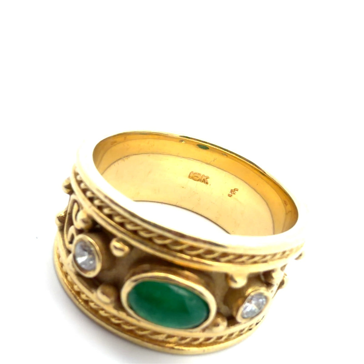 Vintage 18k Yellow Gold 0.48ctw Cabochon Emerald and 0.12ctw Diamond Band5