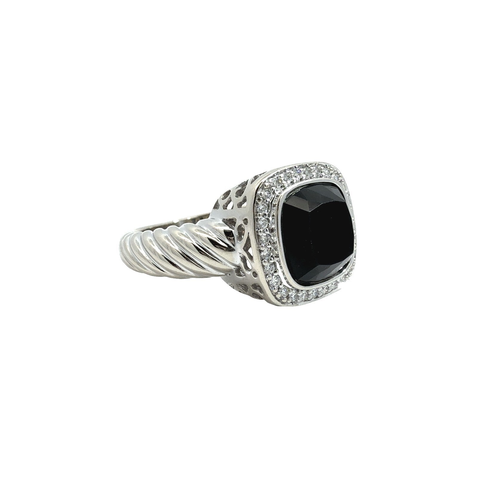 14k White Gold Onyx and 0.17cttw Diamond Halo Twisted Cable Cocktail Ring1